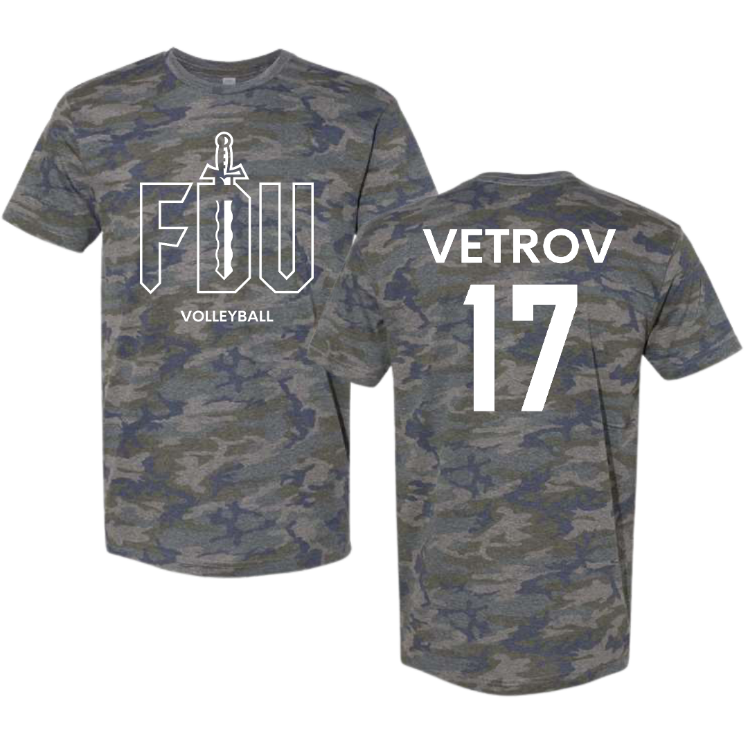 Fairleigh Dickinson University-Metropolitan Campus Volleyball (M) Vintage Camo Tee - #17 Artem Vetrov
