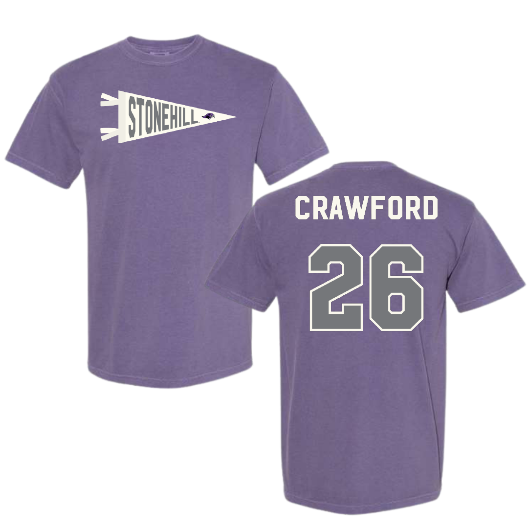 Stonehill College Football Purple Pennant Comfort Colors Tee - #26 Marcus Crawford