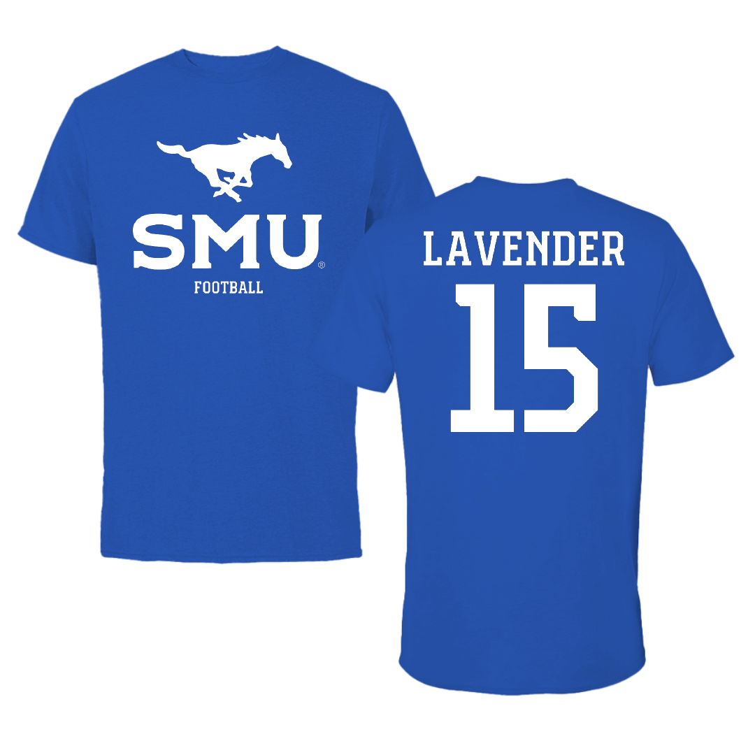 Southern Methodist University Football Blue Mascot Performance Tee - #15 Jaxson Lavender