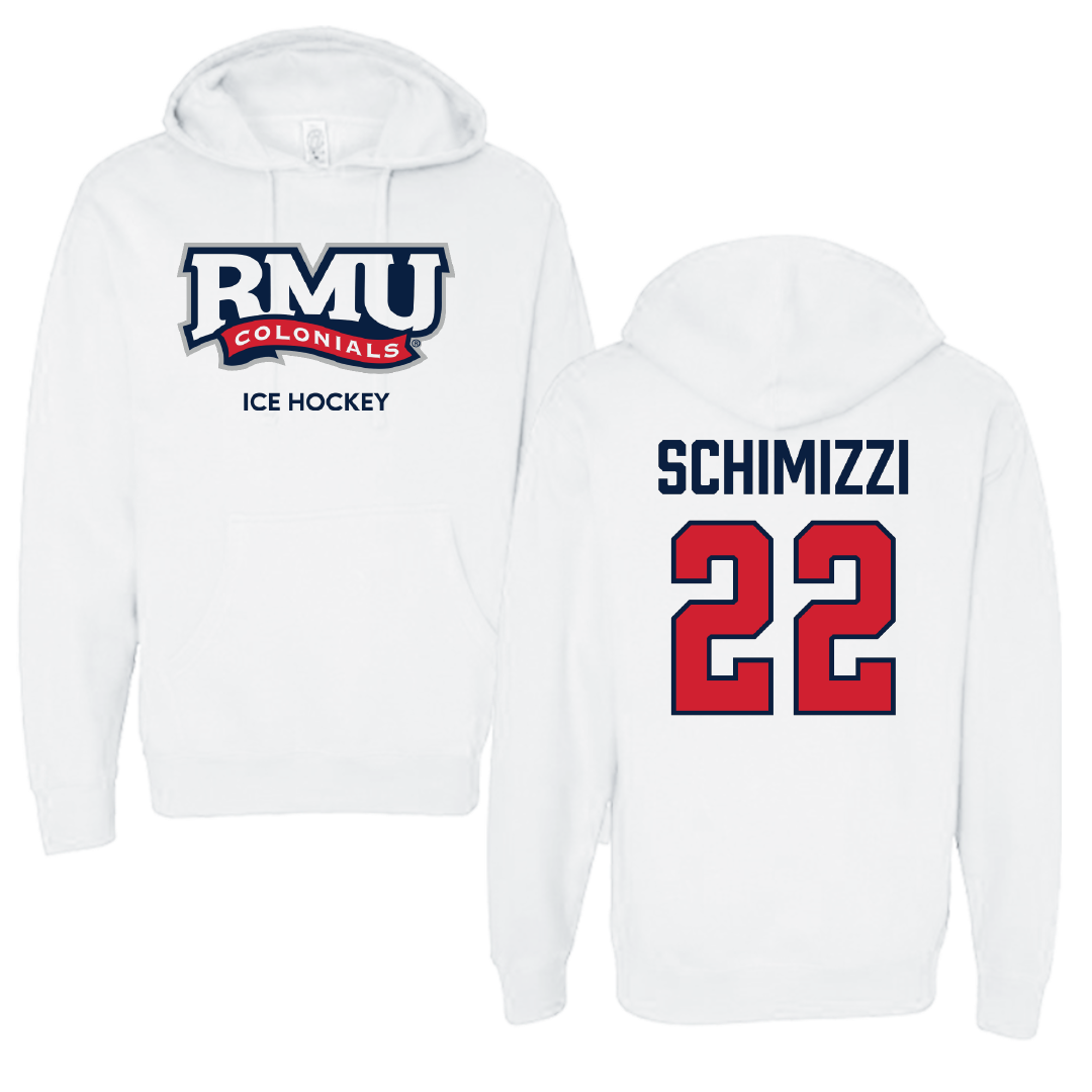 Robert Morris University Ice Hockey (M) White Colonials Hoodie - #22 Dominic Schimizzi