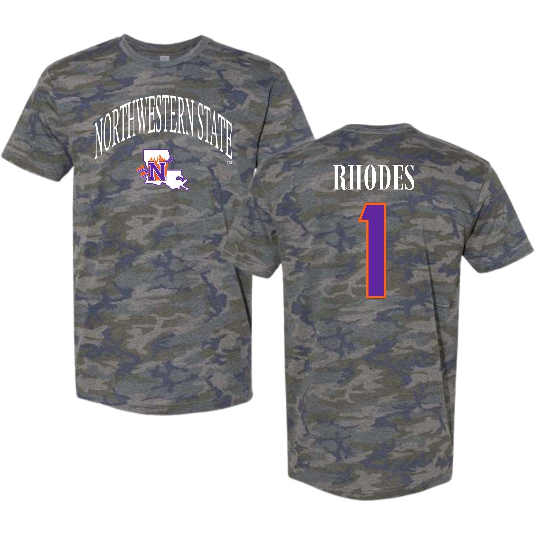 Northwestern State University Football Vintage Camo Tee - #1 Dylan Rhodes