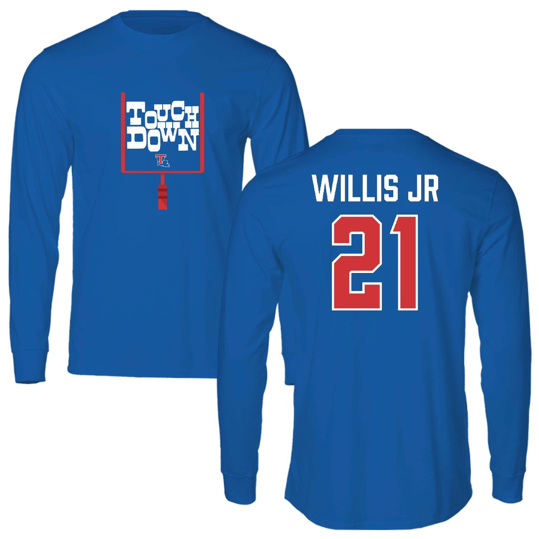 Louisiana Tech University Football Blue Touchdown Long Sleeve - #21 Keith Willis Jr