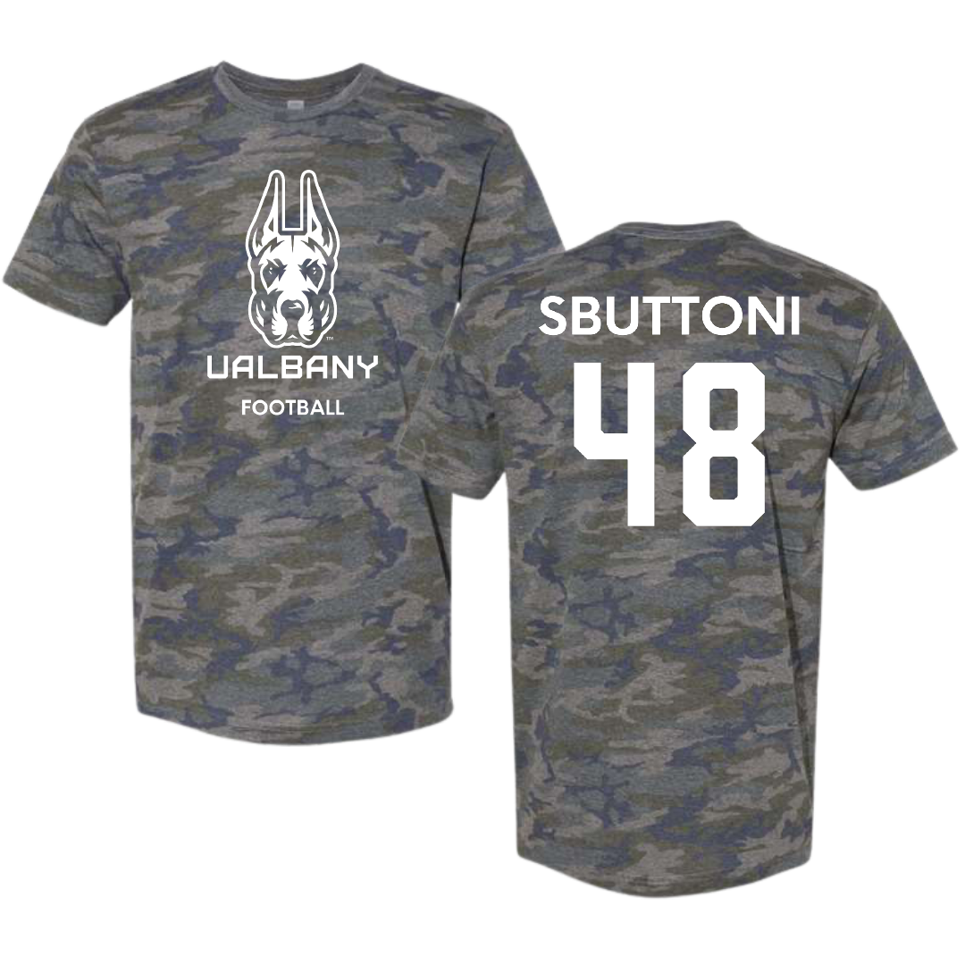 University at Albany Football Vintage Camo Tee - #48 Michael Sbuttoni