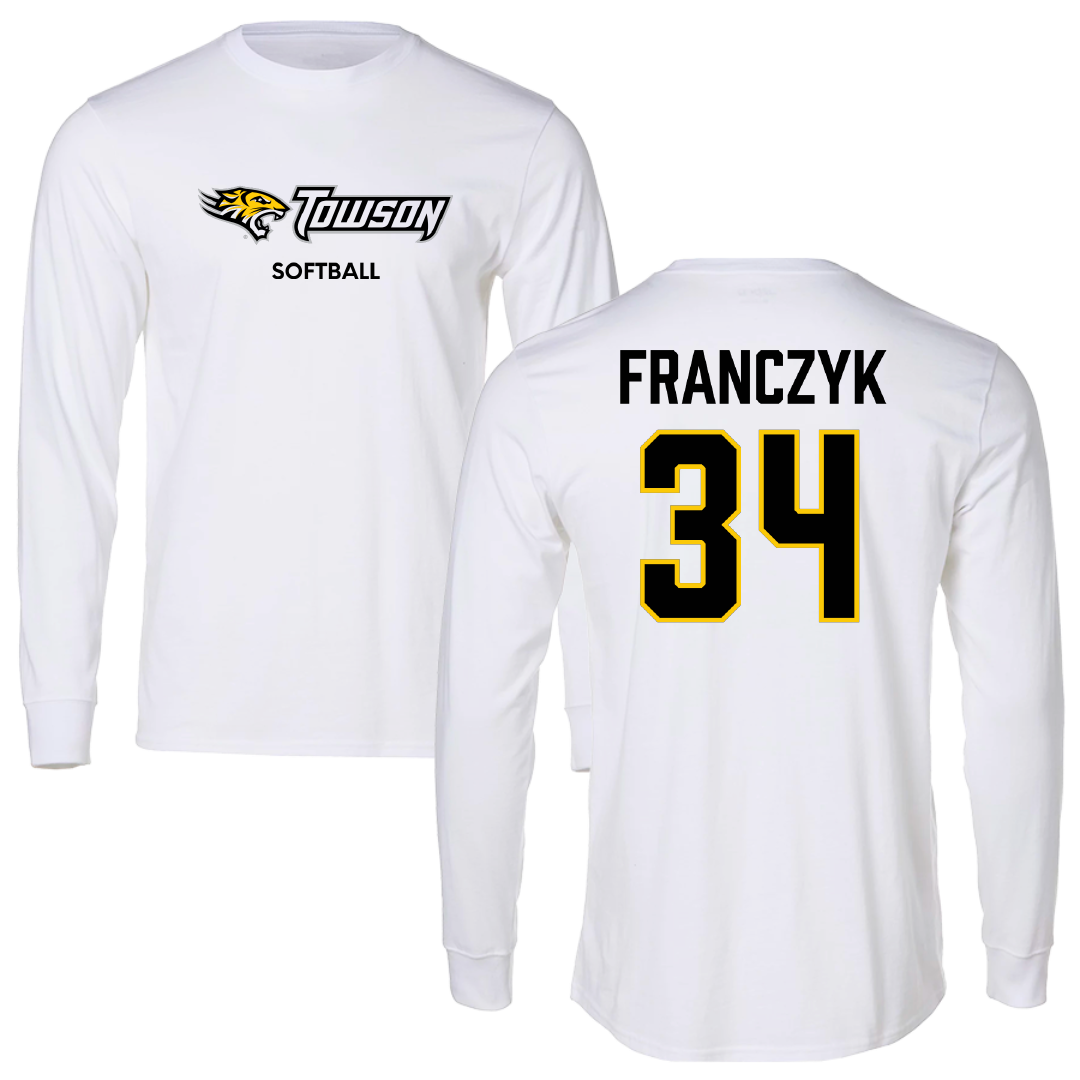 Towson University Softball White Performance Long Sleeve - #34 Grace Franczyk