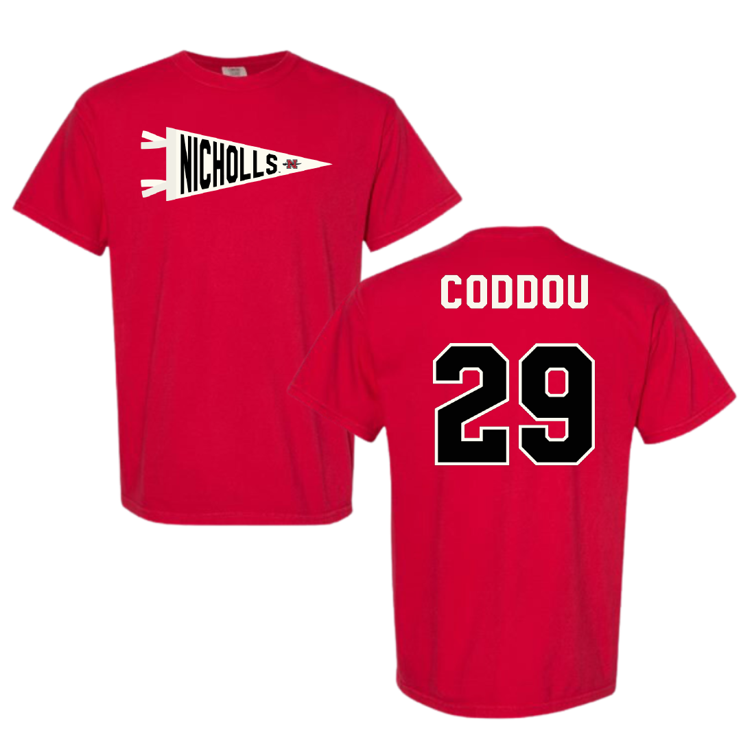 Nicholls State University Baseball Red Pennant Comfort Colors Tee - #29 Parker Coddou