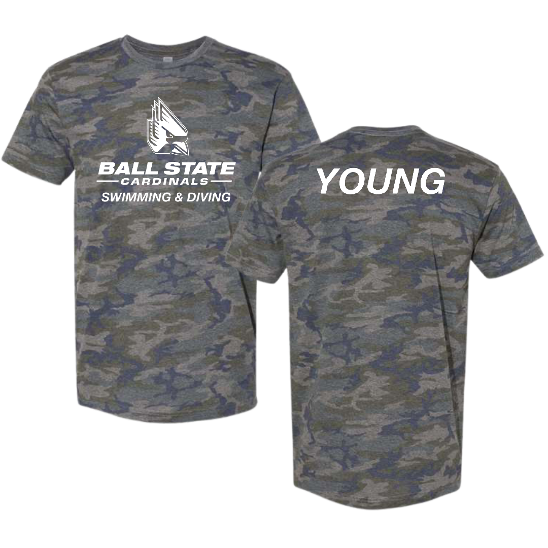 Ball State University Swimming & Diving Vintage Camo Tee - Mason Young