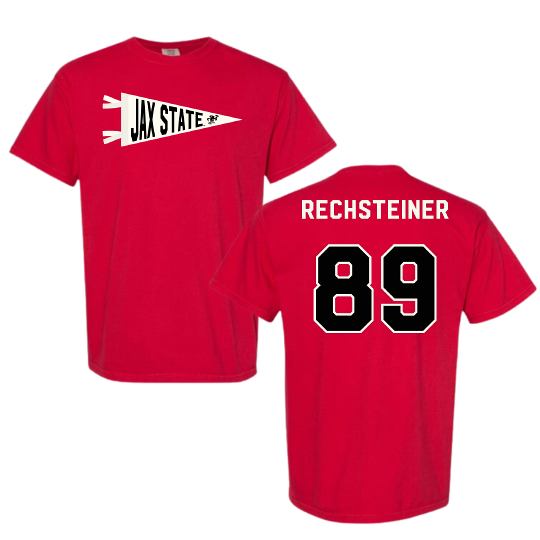 Jacksonville State University Football Red Pennant Comfort Colors Tee - #89 Brock Rechsteiner