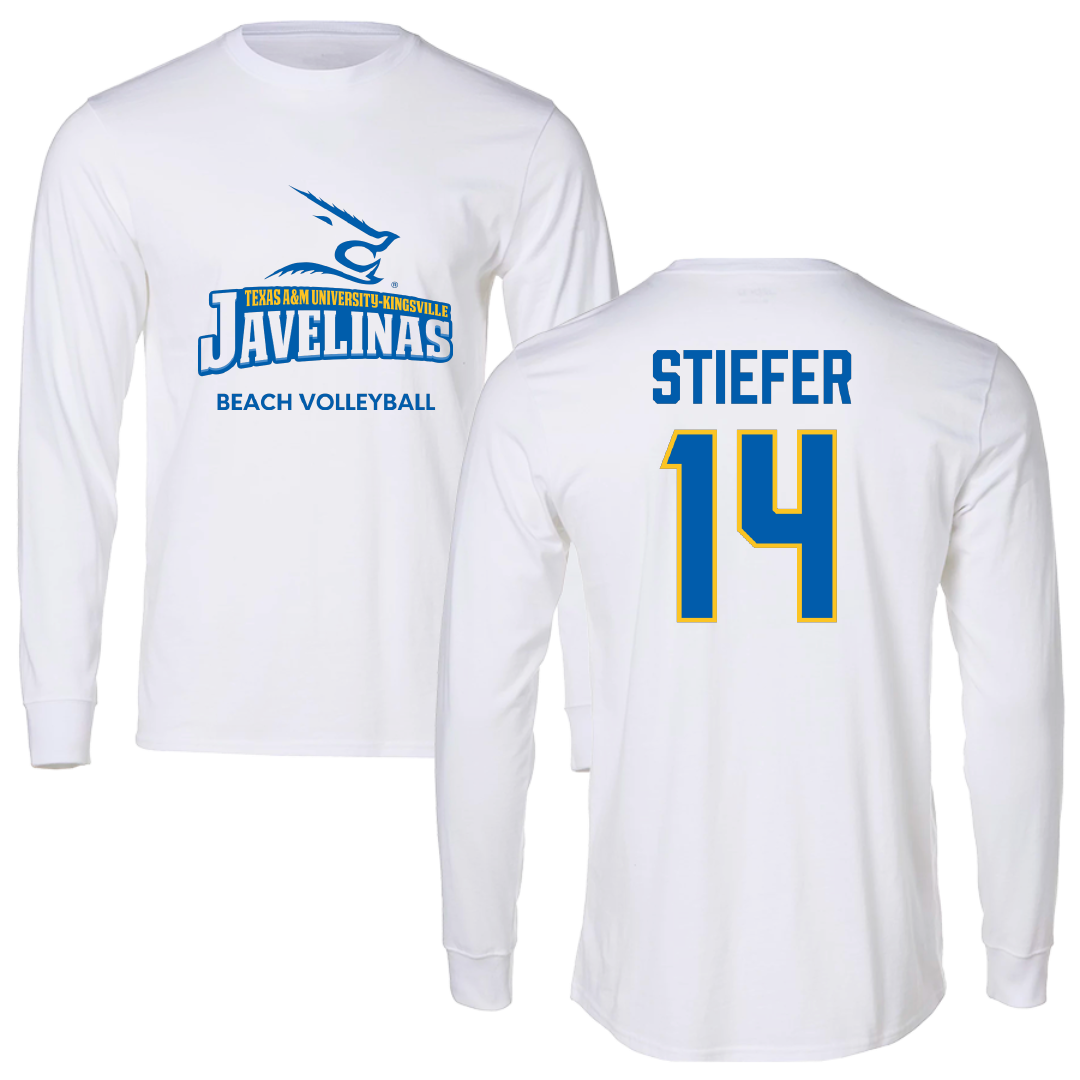 Texas A&M University-Kingsville Beach Volleyball White Performance Long Sleeve - #14 Meghan Stiefer