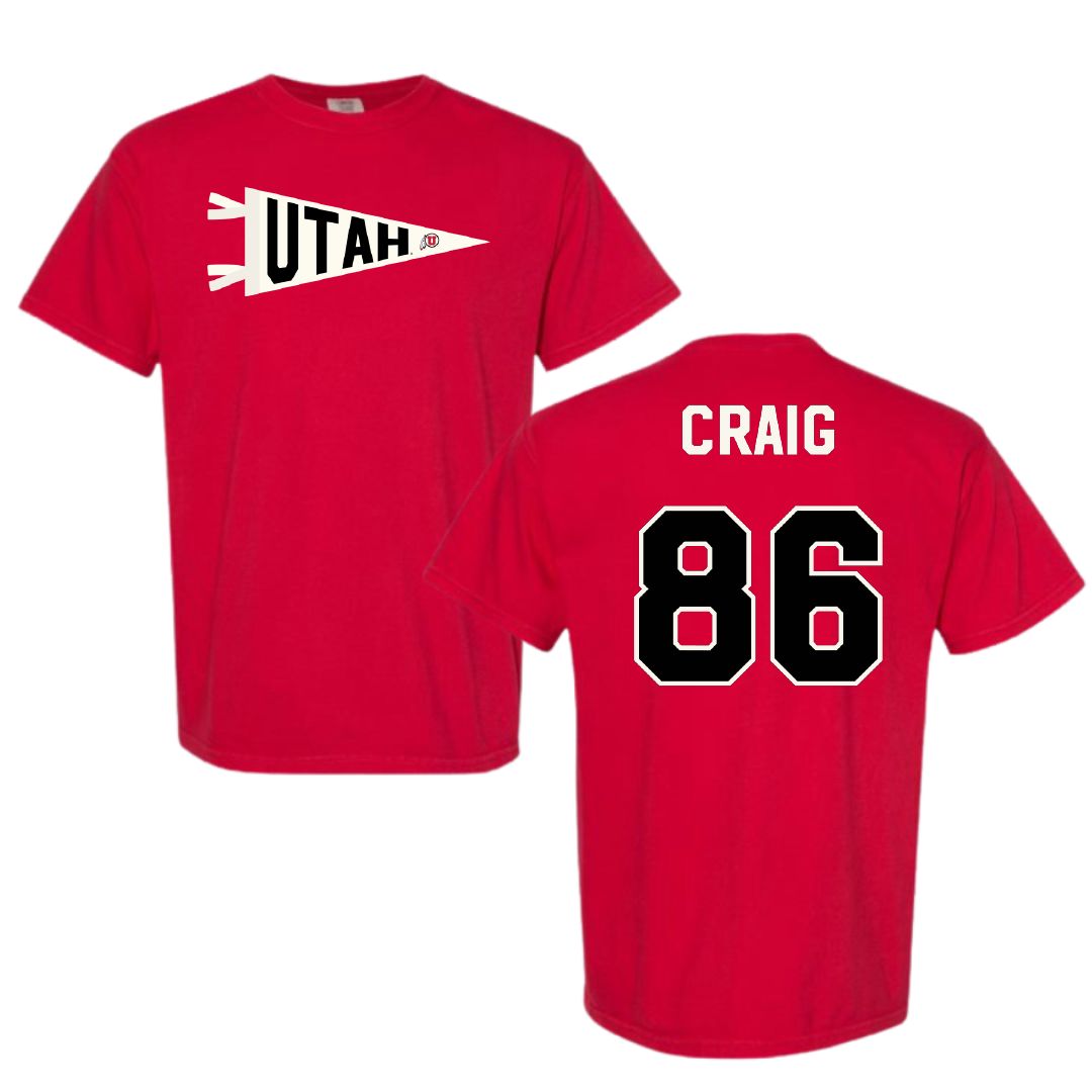 University of Utah Football Red Pennant Comfort Colors Tee - #86 Brigden Craig