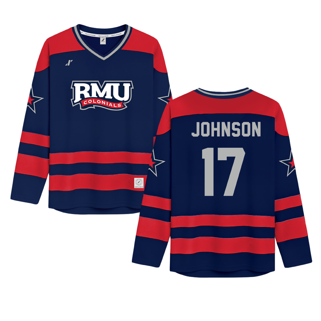 Robert Morris University Navy Hockey Jersey - #17 Patrick Johnson