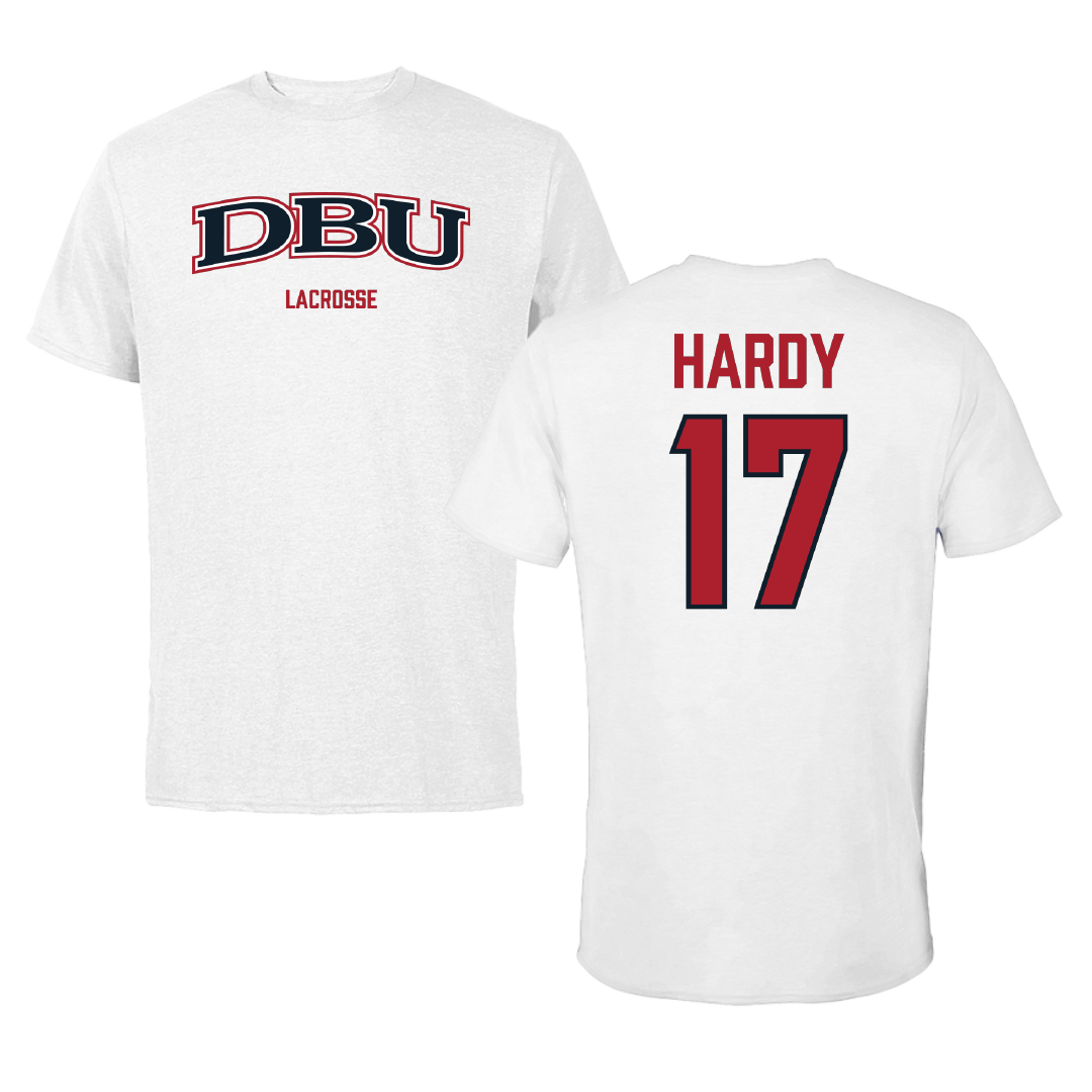 Dallas Baptist University Lacrosse (M) White Performance Tee - #17 Austin Hardy