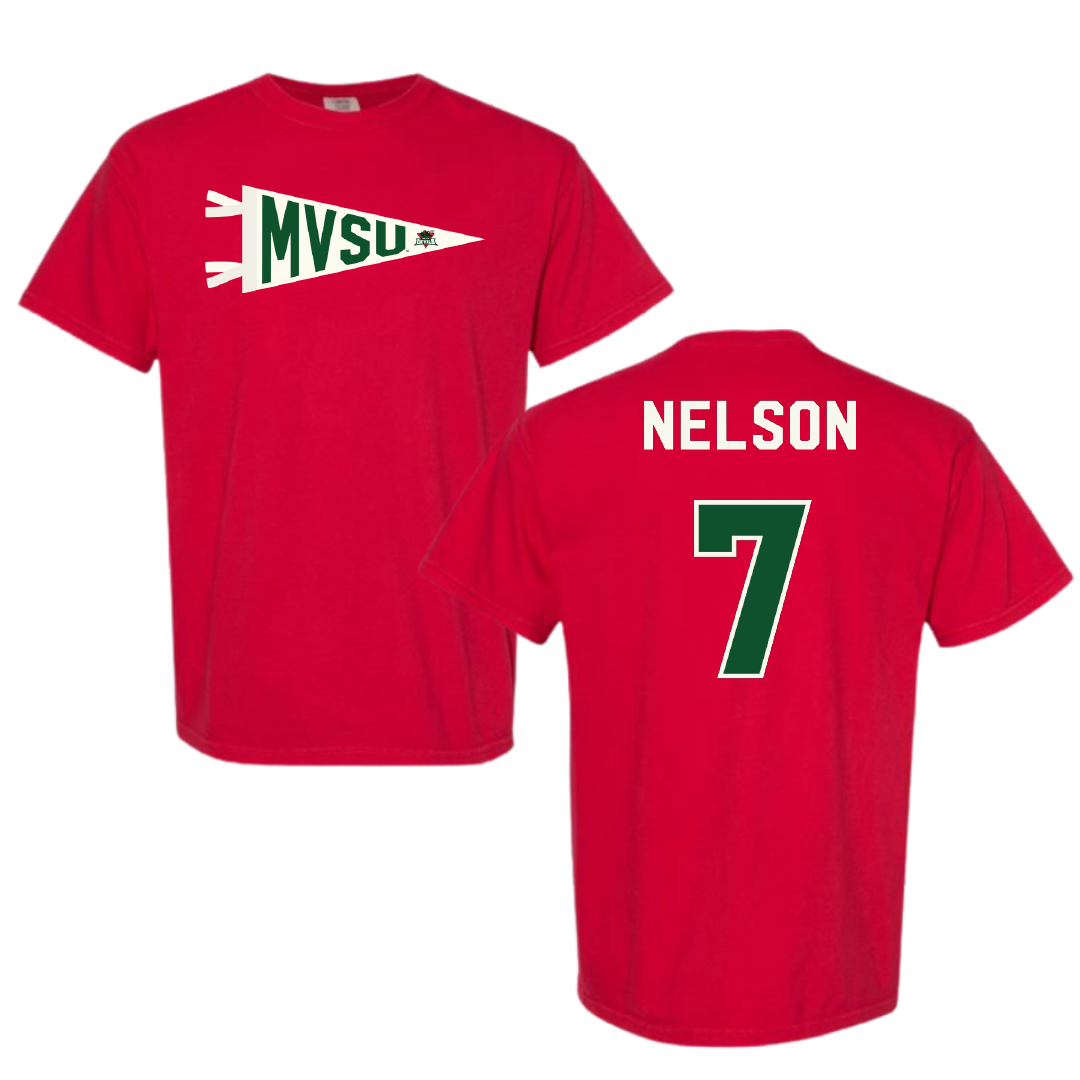 Mississippi Valley State University Football Red Pennant Comfort Colors Tee - #7 Camo Nelson