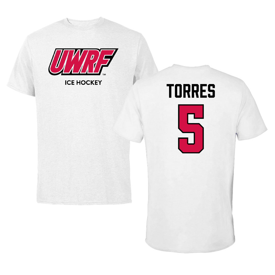 University of Wisconsin-River Falls Ice Hockey (M) White Block Performance Tee - #5 Aidan Torres