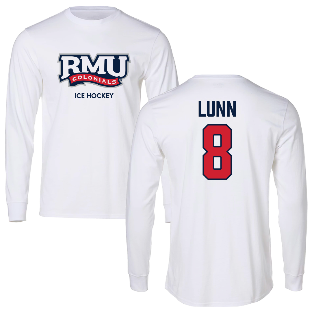 Robert Morris University Ice Hockey (M) White Performance Long Sleeve - #8 Gabriel Lunn
