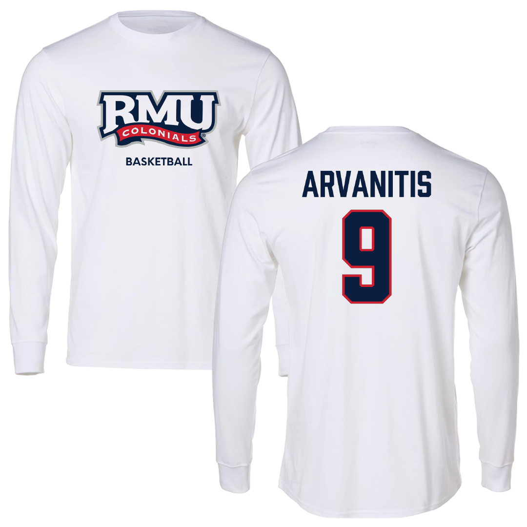 Robert Morris University Basketball (M) White Mascot Long Sleeve - #9 Cyril Arvanitis