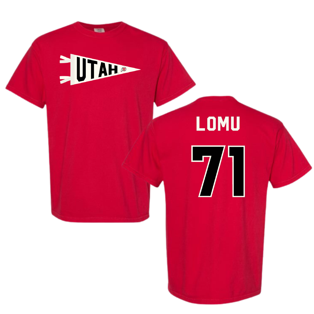 University of Utah Football Red Pennant Comfort Colors Tee - #71 Caleb Lomu