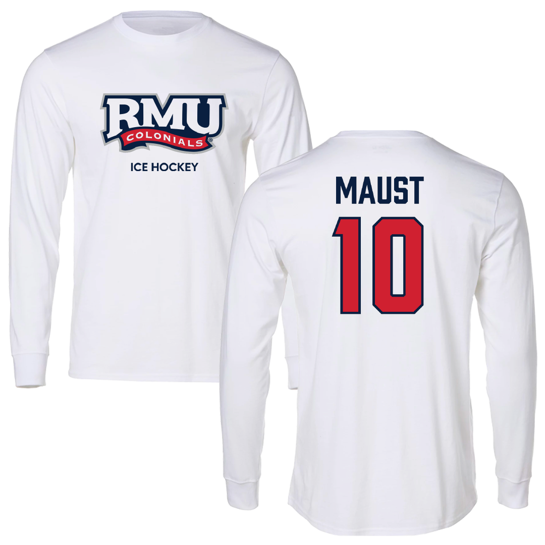Robert Morris University Ice Hockey (M) White Performance Long Sleeve - #10 Paul Maust