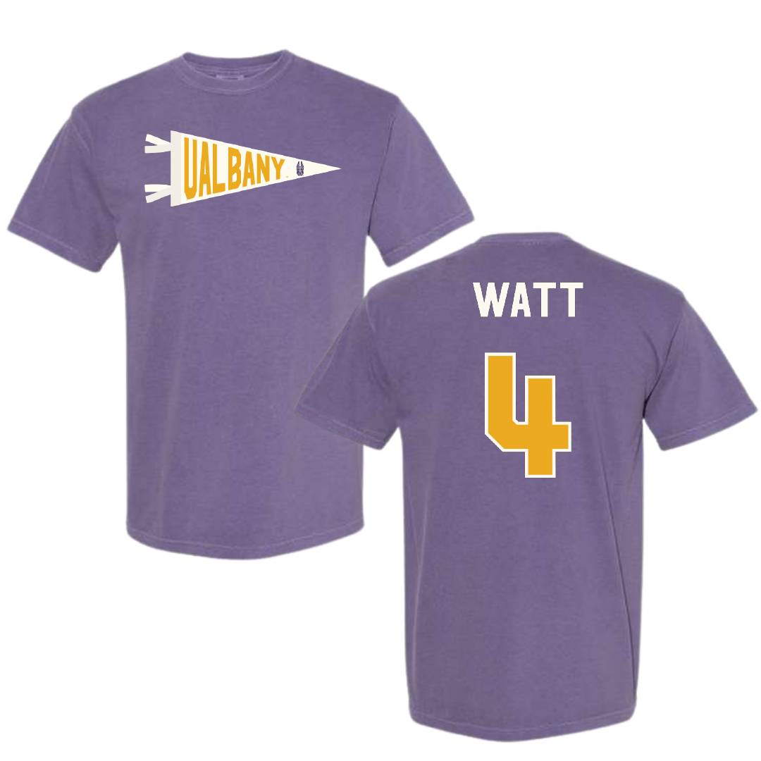 University at Albany Soccer Purple Pennant Comfort Colors Tee - #4 Lucas Watt