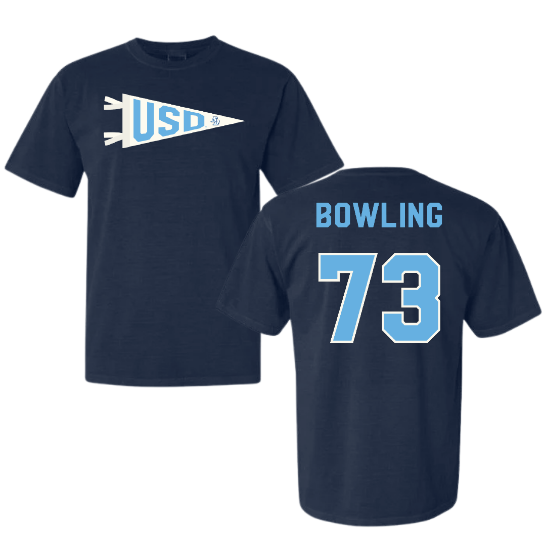 University of San Diego Football Navy Pennant Comfort Colors Tee - #73 Evans Bowling