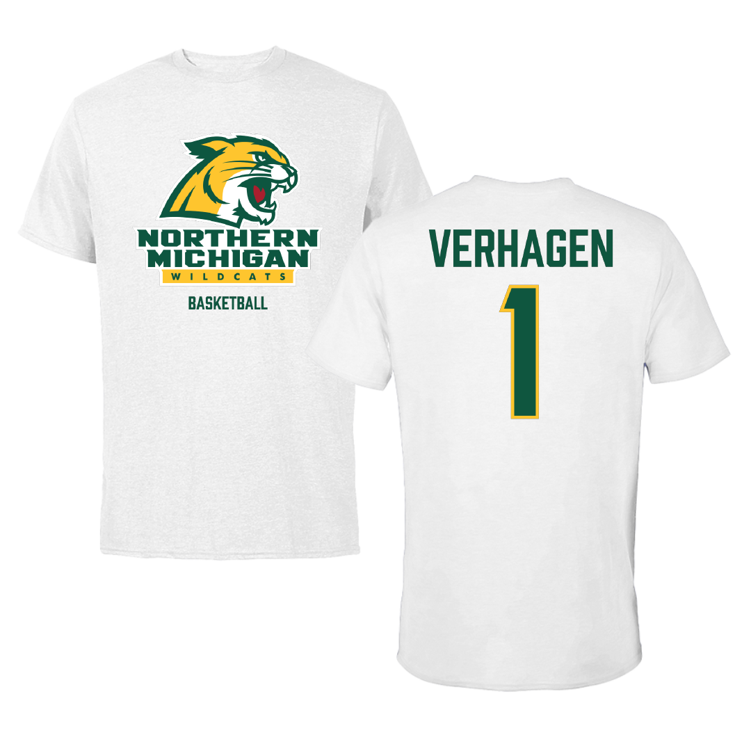 Northern Michigan University Basketball (M) White Performance Tee - #1 Casey Verhagen