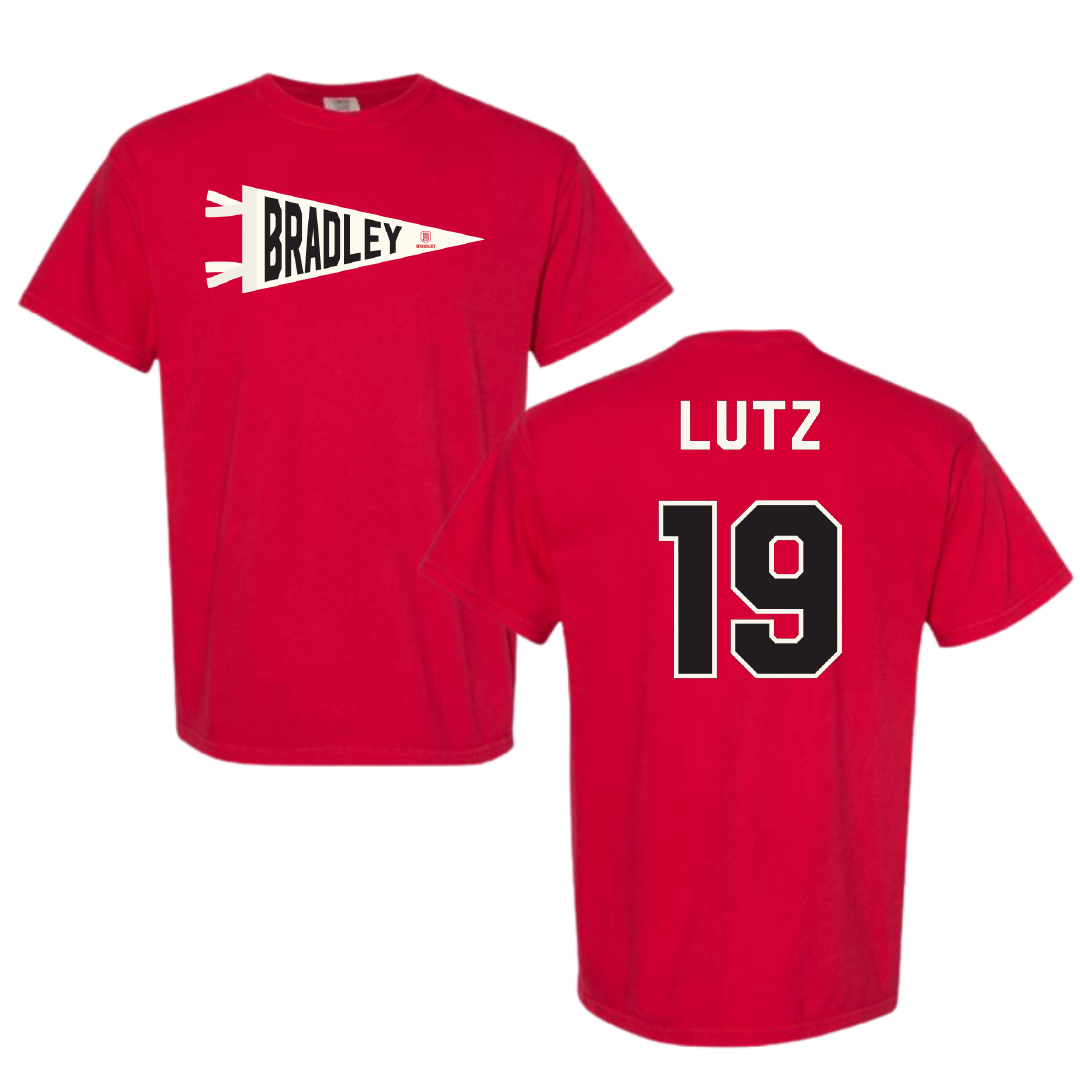 Bradley University Baseball Red Pennant Comfort Colors Tee - #19 Travis Lutz