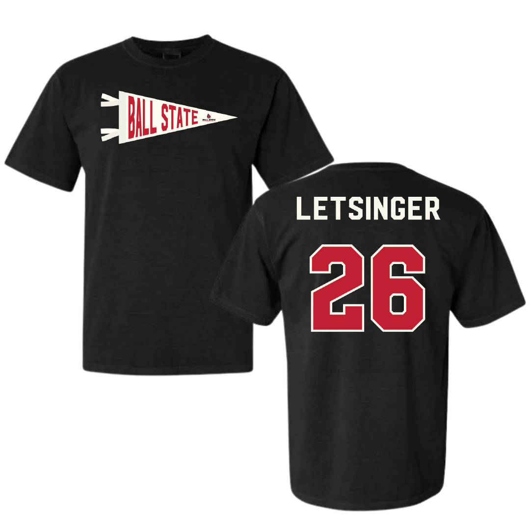 Ball State University Baseball Black Pennant Comfort Colors Tee - #26 Lucas Letsinger