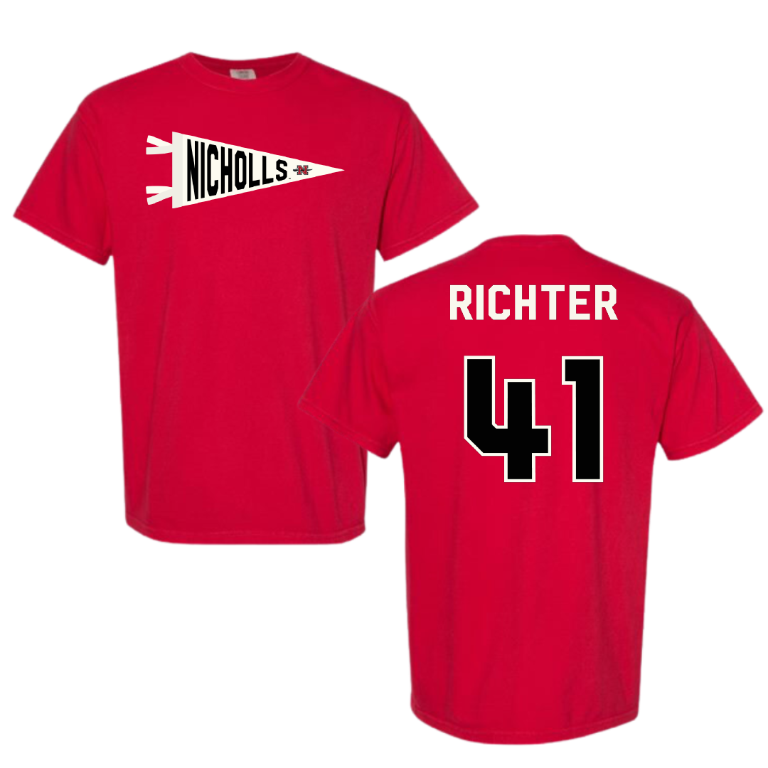 Nicholls State University Baseball Red Pennant Comfort Colors Tee - #41 Chase Richter