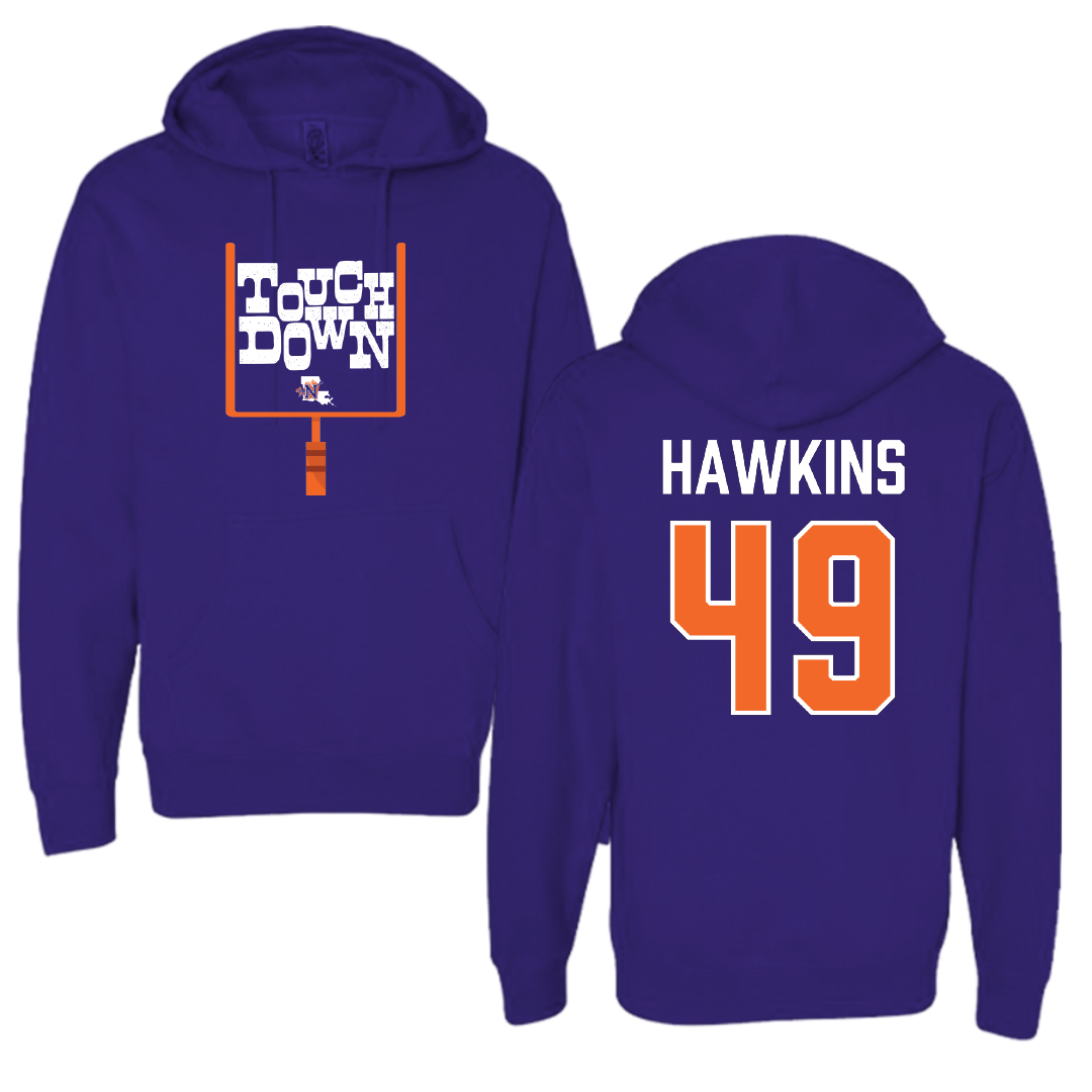 Northwestern State University Football Purple Touchdown Hoodie - #49 Christian Hawkins