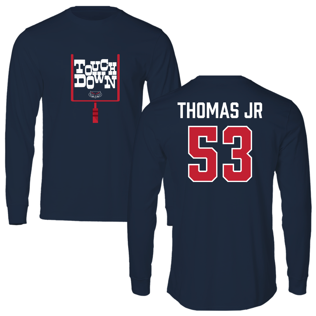 Florida Atlantic University Football Navy Touchdown Performance Long Sleeve - #53 Richard Thomas Jr