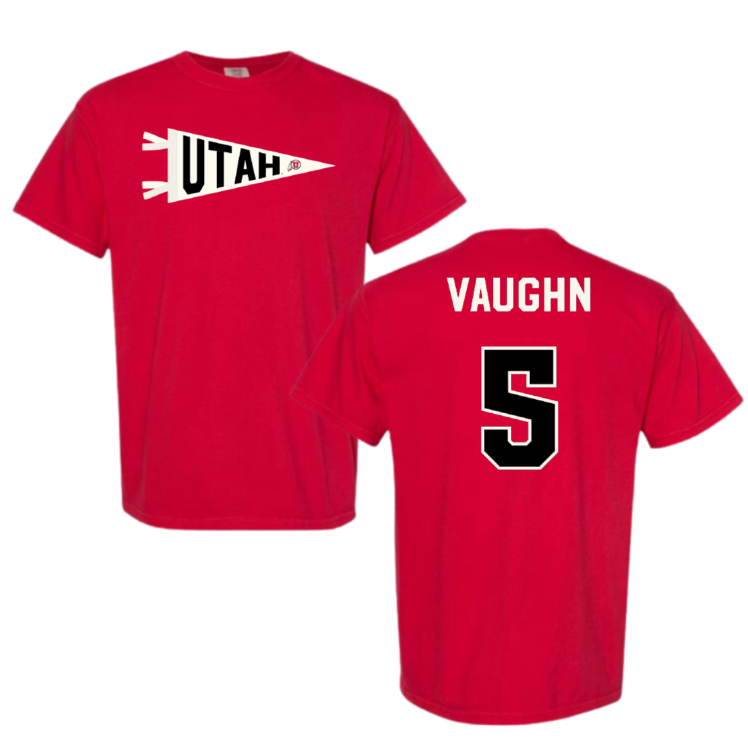 University of Utah Football Red Pennant Comfort Colors Tee - #5 Zemaiah Vaughn