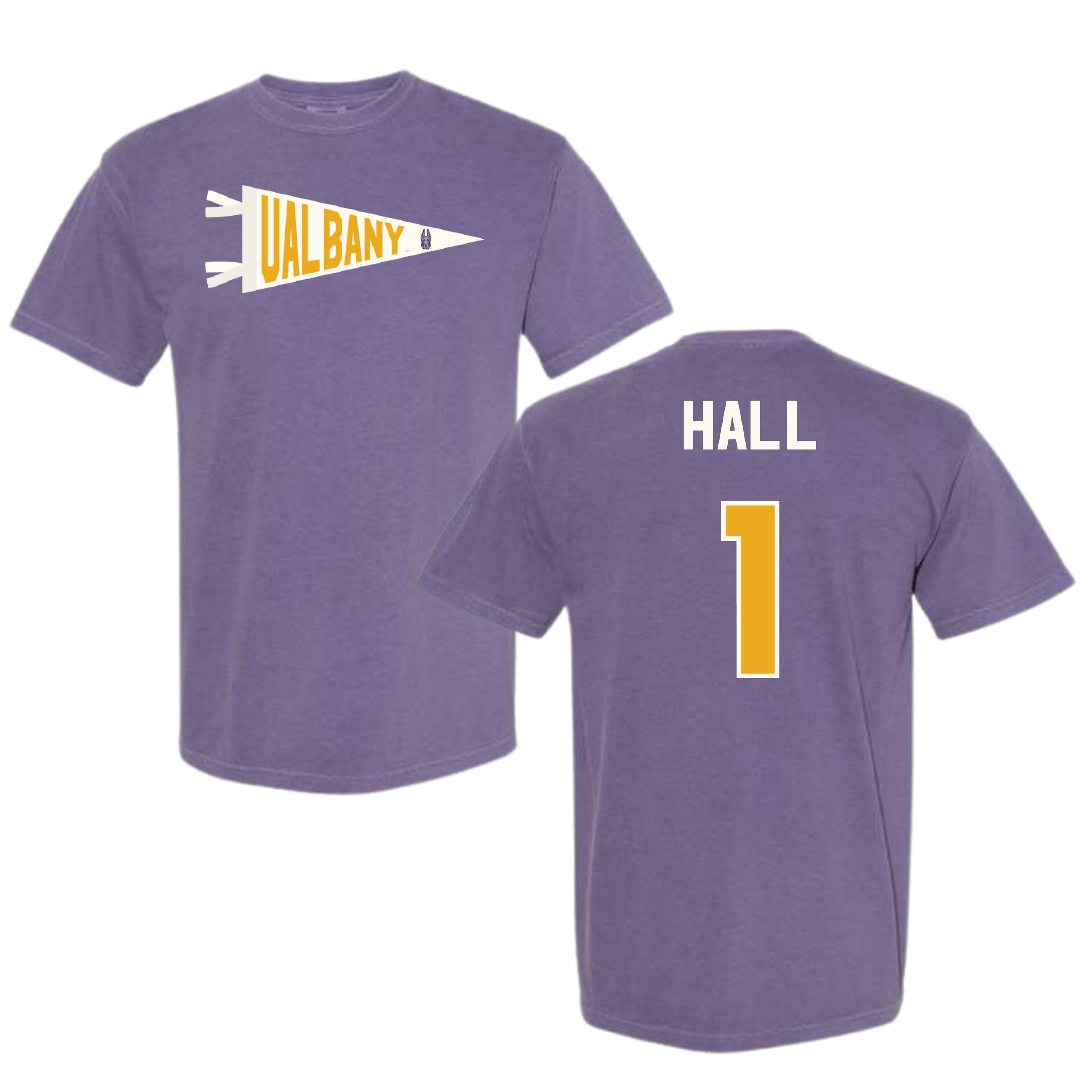 University at Albany Football Purple Pennant Comfort Colors Tee - #1 Aamir Hall