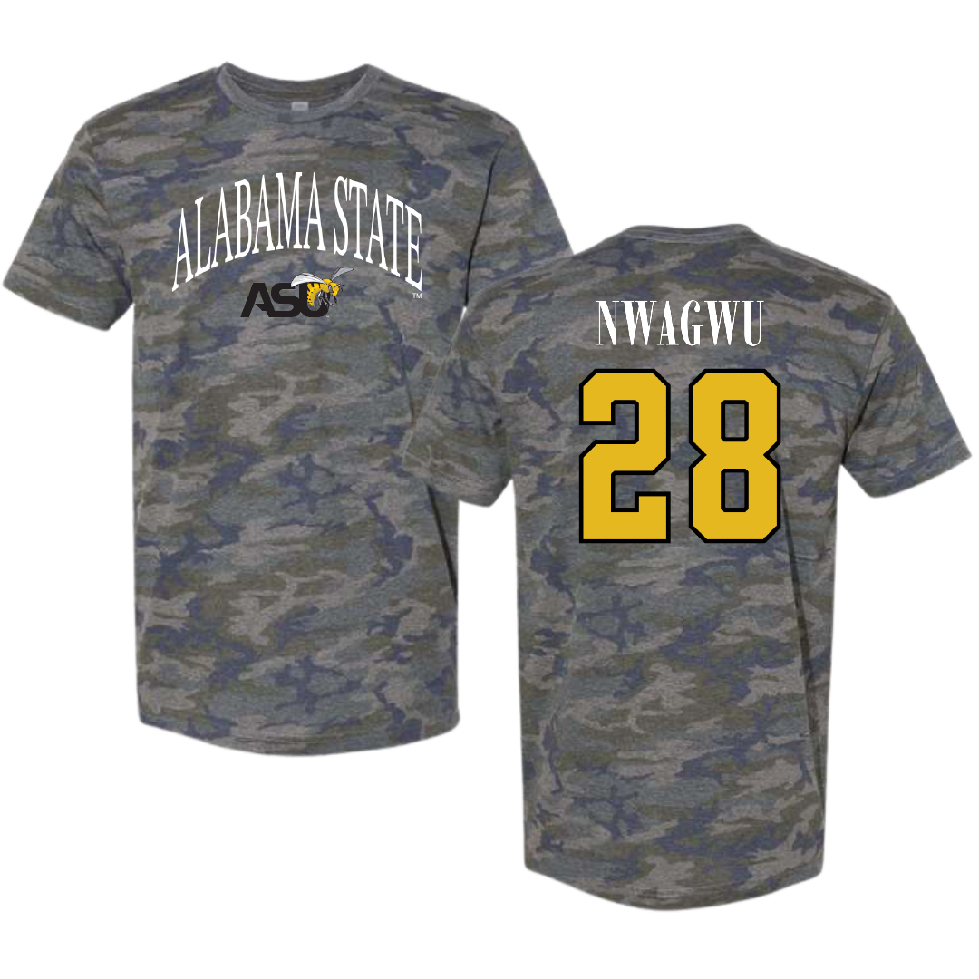 Alabama State University Football Vintage Camo Tee - #28 Nathan Nwagwu