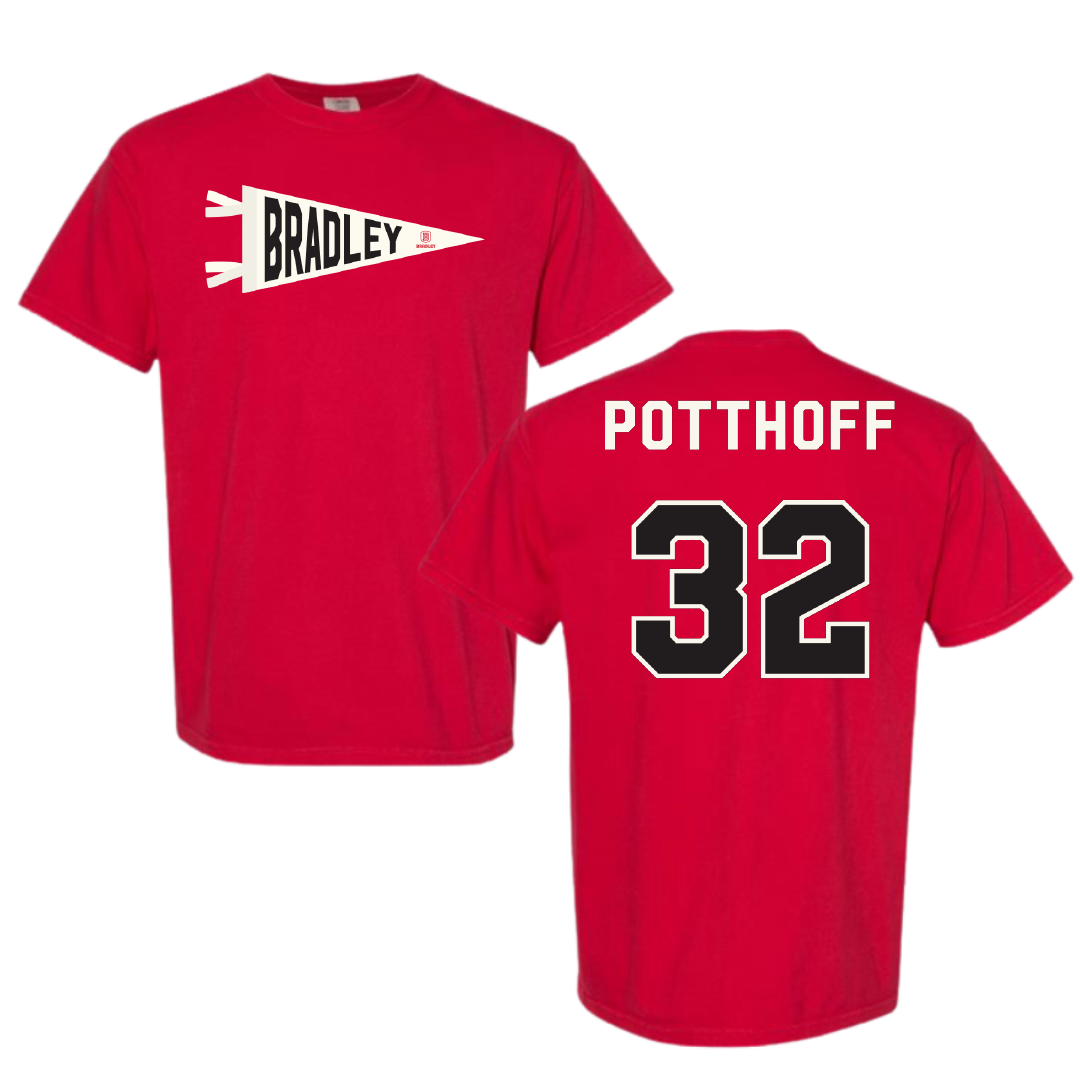 Bradley University Baseball Red Pennant Comfort Colors Tee - #32 Anthony Potthoff