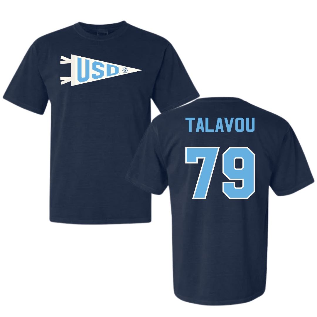 University of San Diego Football Navy Pennant Comfort Colors Tee - #79 Maicah Talavou