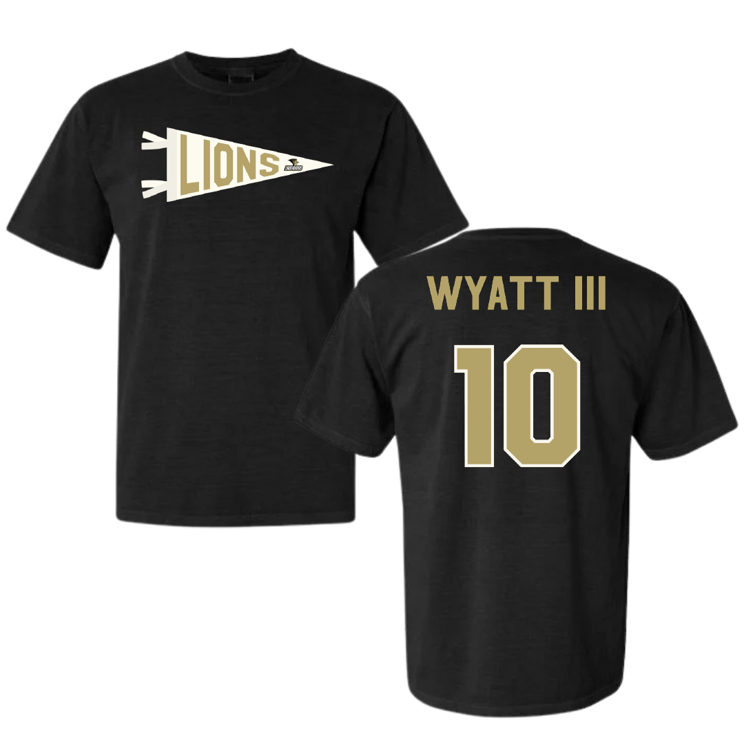 Lindenwood University Football Black Pennant Comfort Colors Tee - #10 Jacques Wyatt III