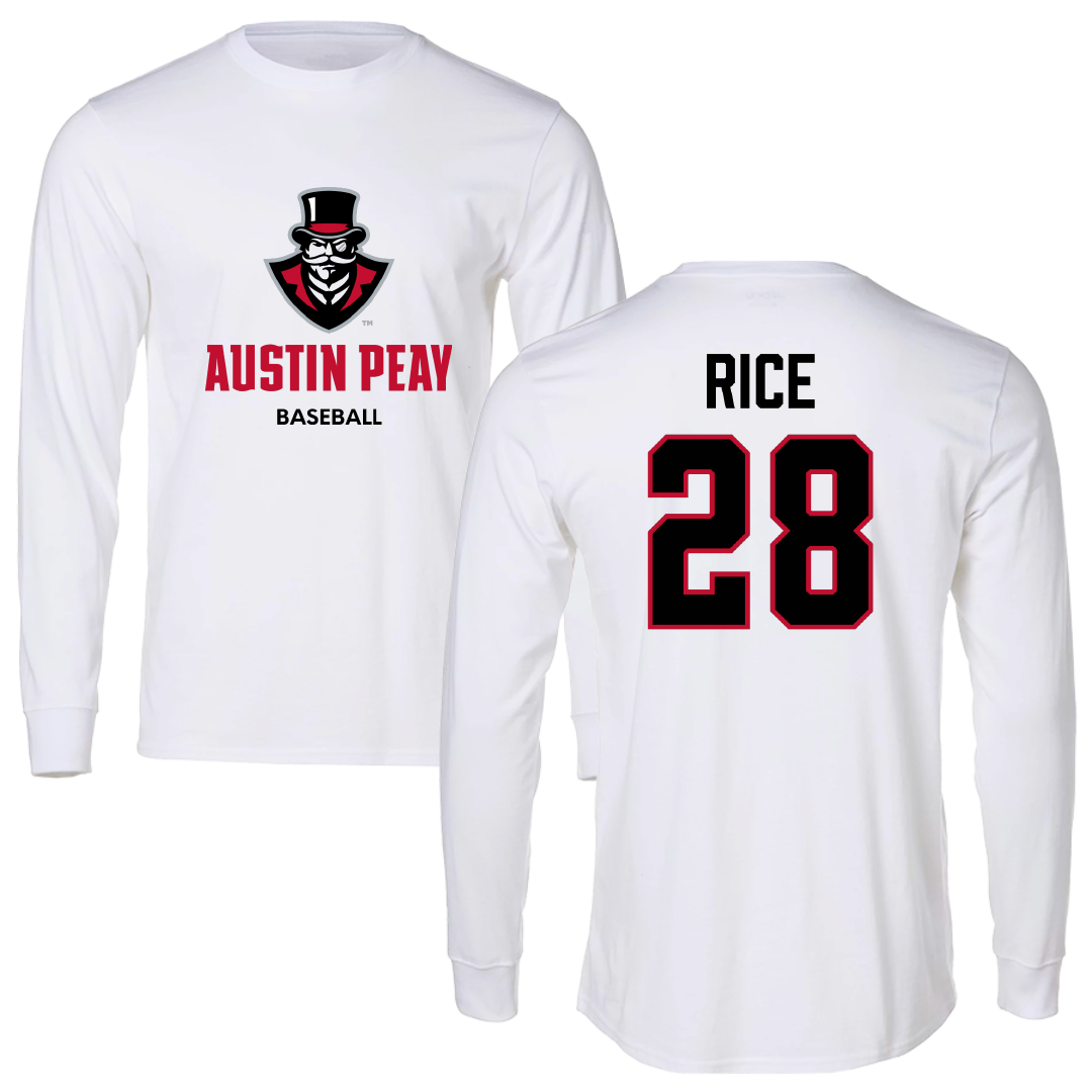 Austin Peay State University Baseball White Long Sleeve - #28 Cannon Rice