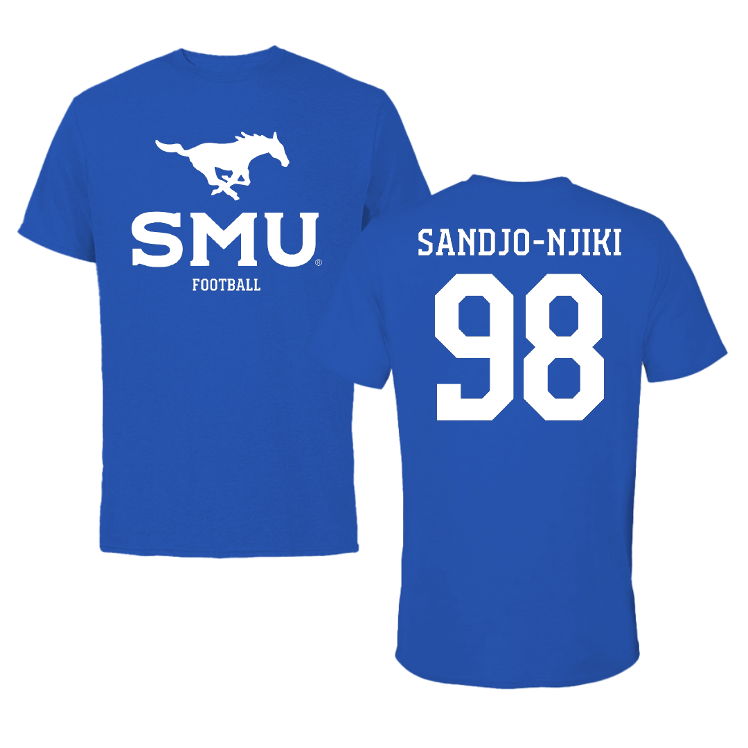 Southern Methodist University Football Blue Mascot Tee - #98 Mike Sandjo-Njiki