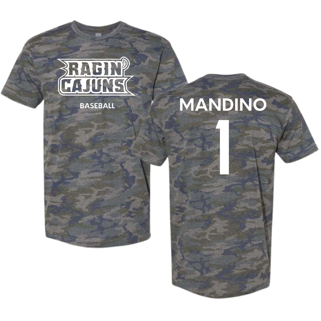 University of Louisiana at Lafayette Baseball Vintage Camo Tee - #1 Maddox Mandino