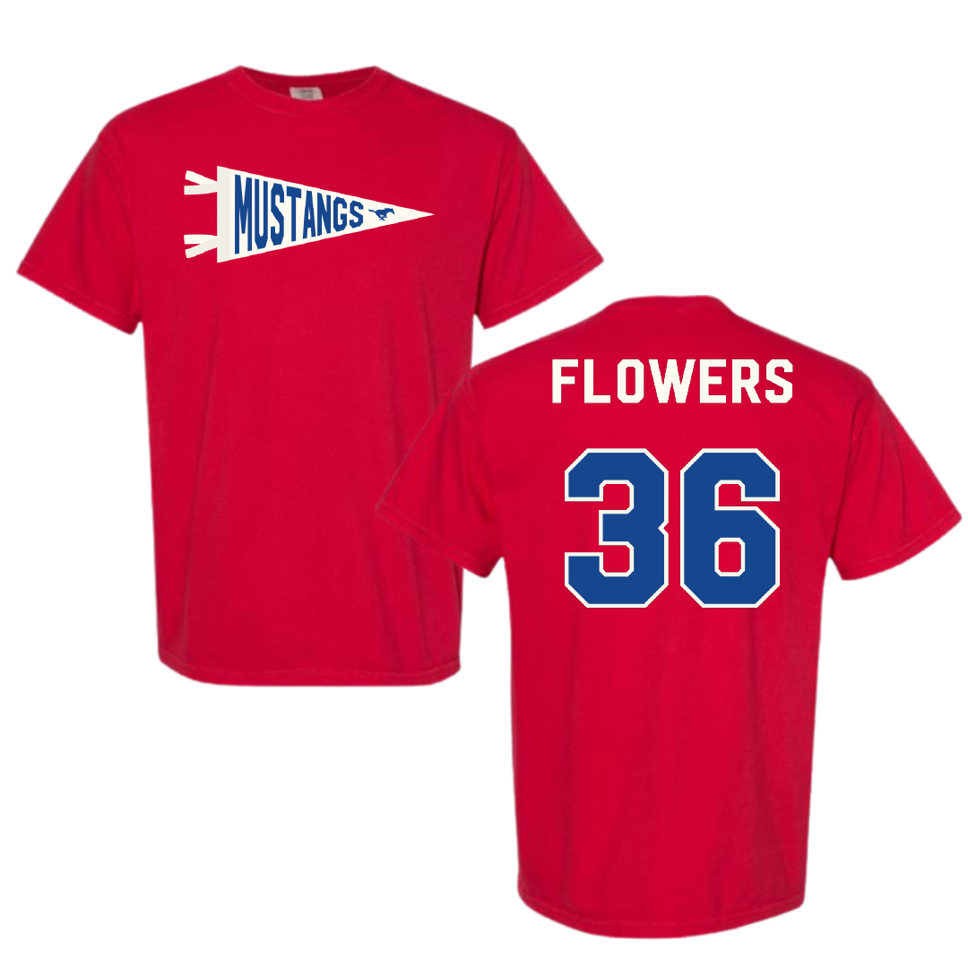 Southern Methodist University Football Red Pennant Comfort Colors Tee - #36 Braeden Flowers