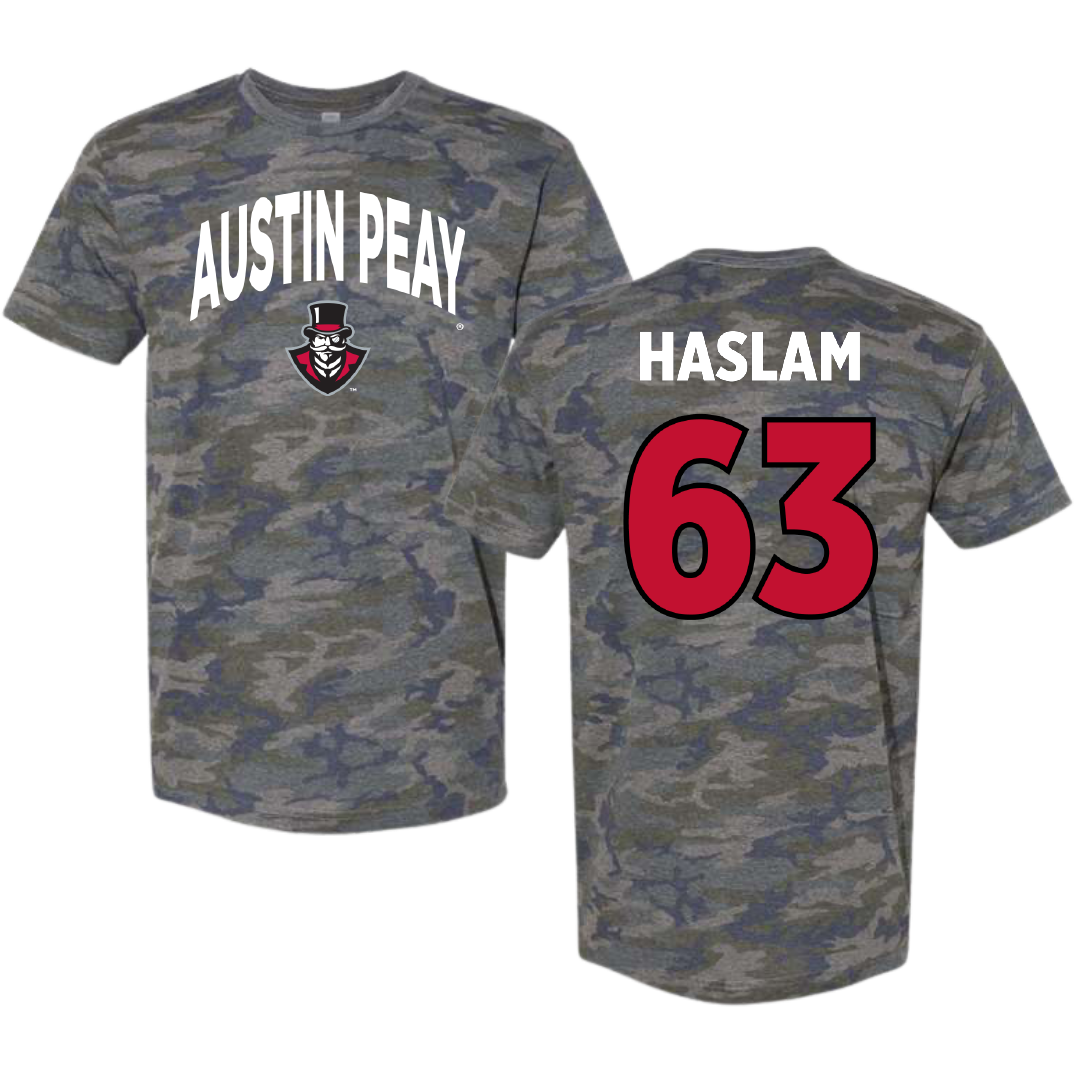 Austin Peay State University Football Vintage Camo Tee - #63 Donovan Haslam