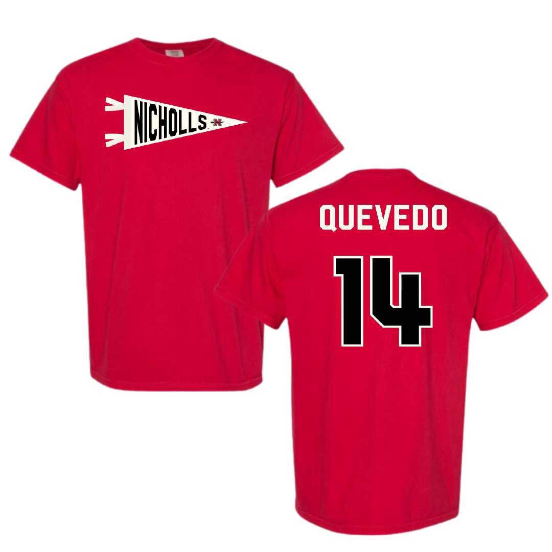 Nicholls State University Baseball Red Pennant Comfort Colors Tee - #14 Michael Quevedo