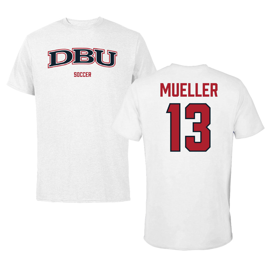 Dallas Baptist University Soccer (M) White Performance Tee - #13 Sam Mueller