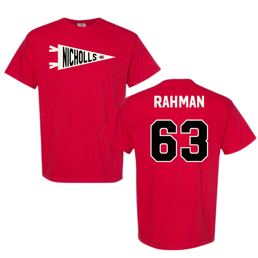 Nicholls State University Football Red Pennant Comfort Colors Tee - #63 Hamza Rahman