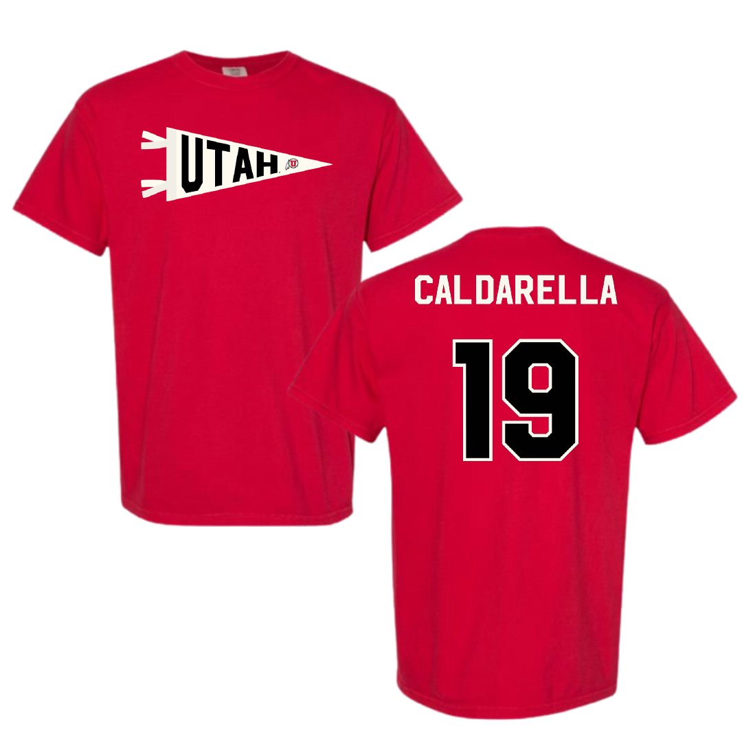 University of Utah Football Red Pennant Comfort Colors Tee - #19 Luca Caldarella