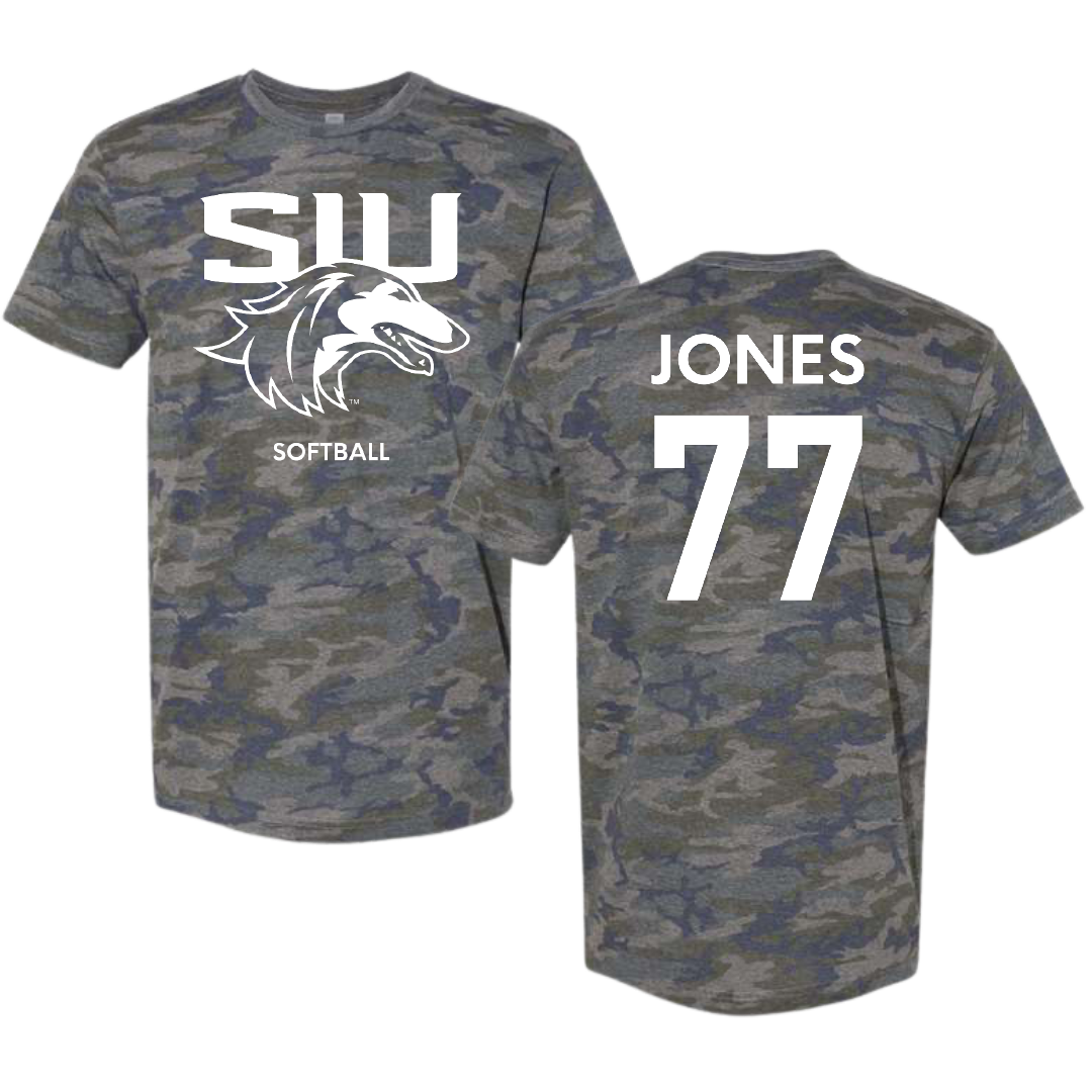 Southern Illinois University at Carbondale Softball Vintage Camo Tee - #77 Sidney Jones