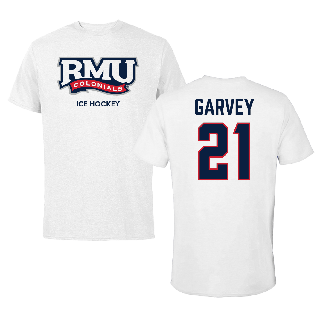 Robert Morris University Ice Hockey (M) White Performance Tee - #21 Cameron Garvey