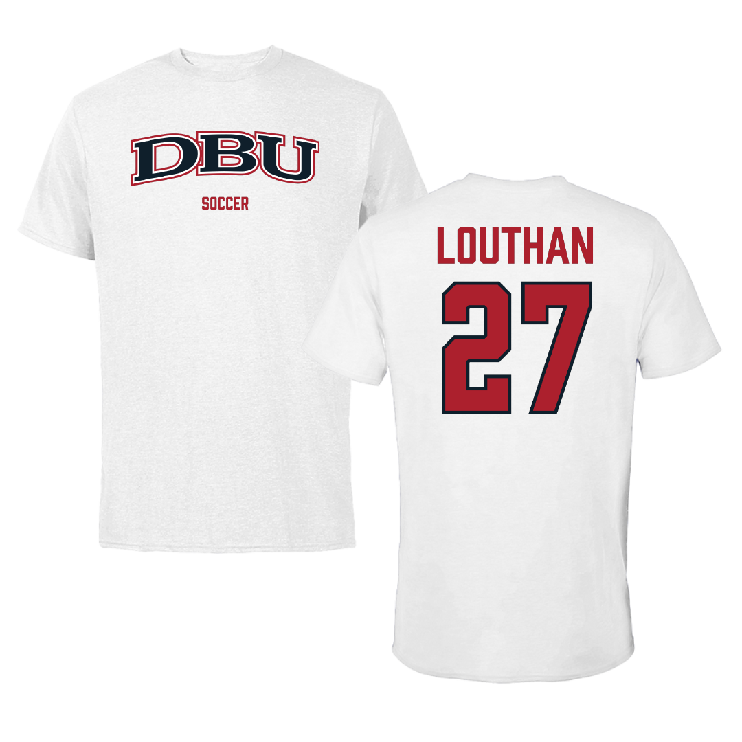 Dallas Baptist University Soccer (W) White Tee - #27 Anne Louthan