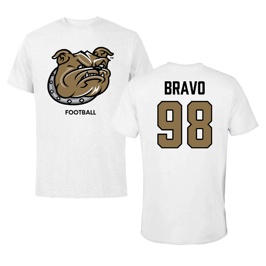 Bryant University Football White Performance Tee - #98 Gustavo Bravo