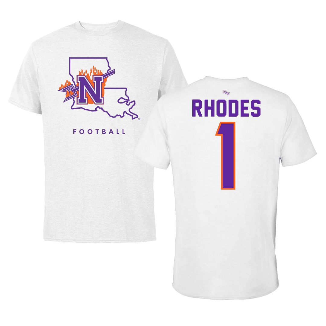 Northwestern State University Football White Performance Tee - #1 Dylan Rhodes