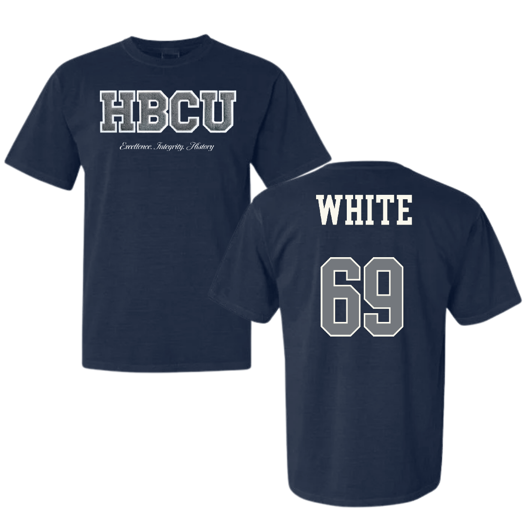Jackson State University Football Navy HBCU Varsity Comfort Colors Tee - #69 Dequarious White
